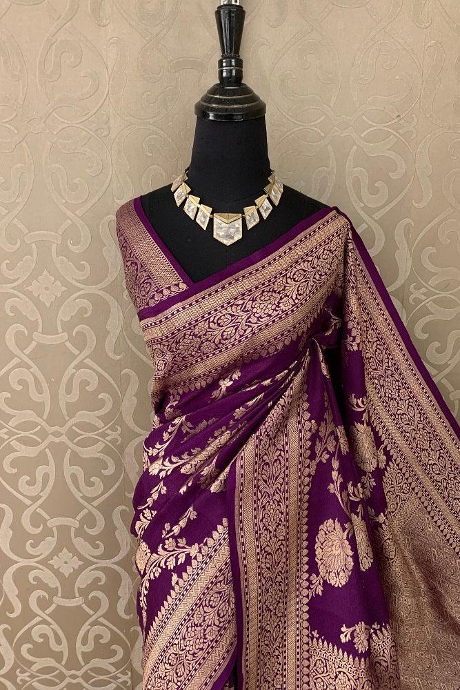 Perfect Purple Tussar Georgette Khaddi Handwoven Saree