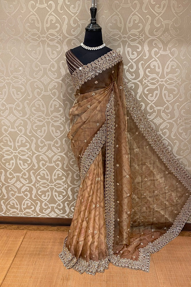 Brown Organza Silk Embroidery Party Wear Saree, With Blouse Piece