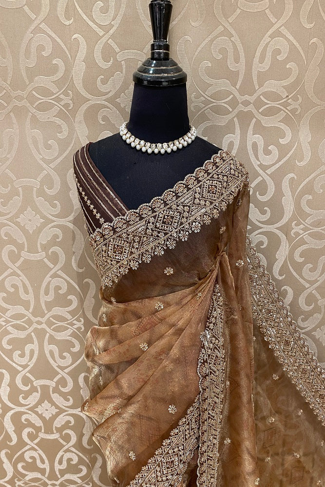 Brown Organza Silk Embroidery Party Wear Saree, With Blouse Piece