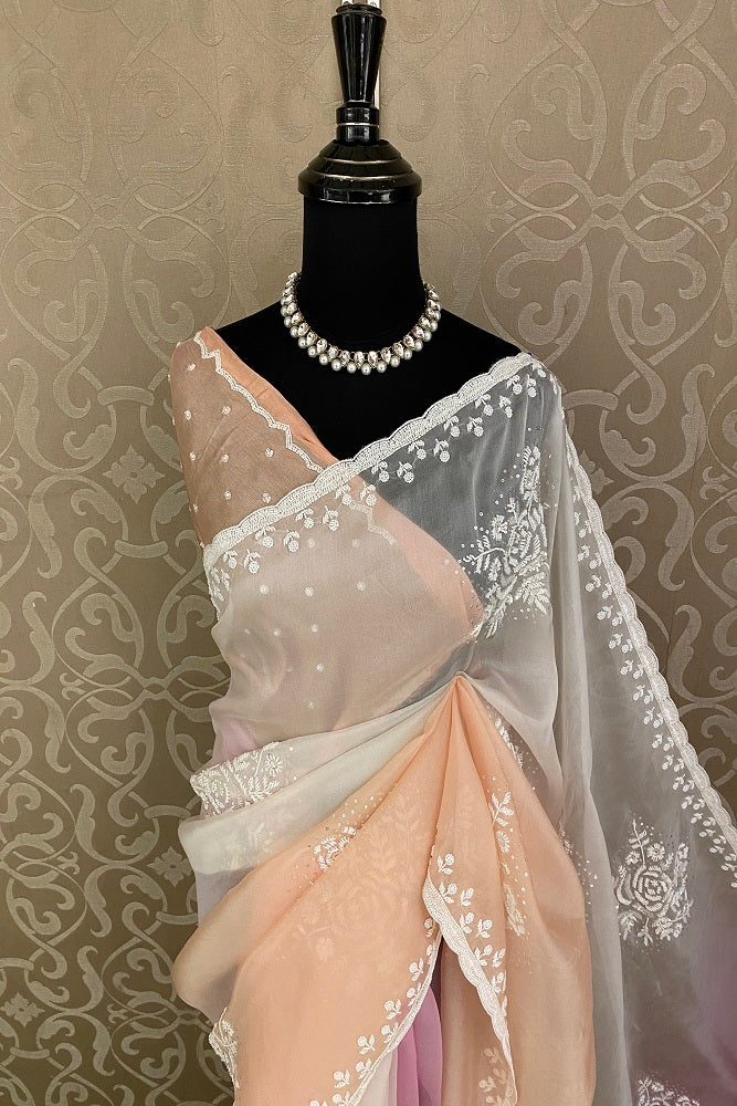 Multi Organza Silk Hand Embroidery Party Wear Saree, With Blouse Piece