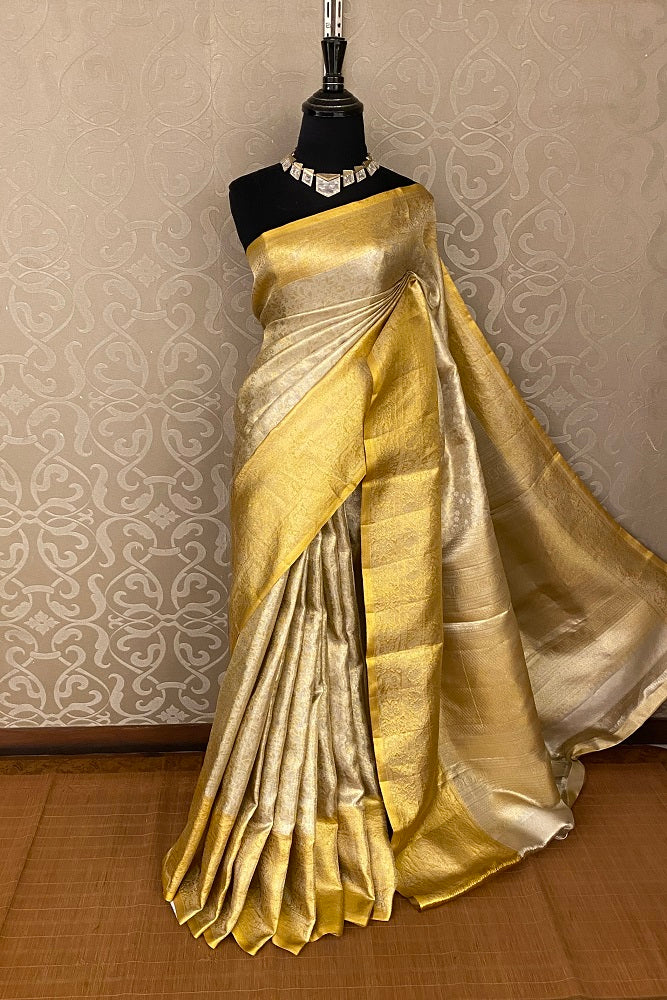 Gold Pure Silk Tissue Saree, With Blouse Piece