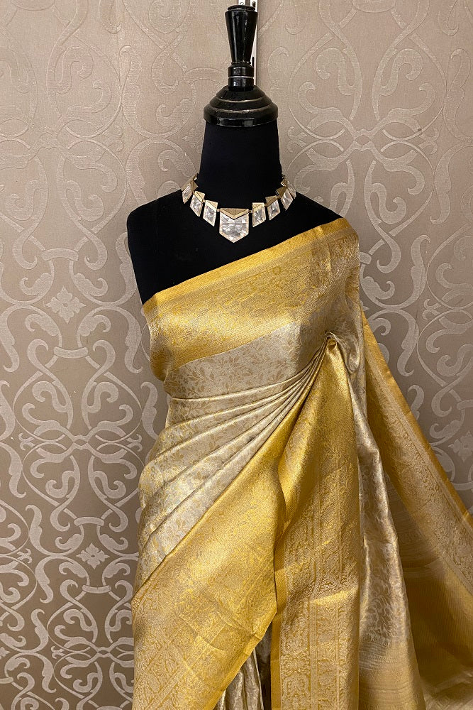 Gold Pure Silk Tissue Saree, With Blouse Piece