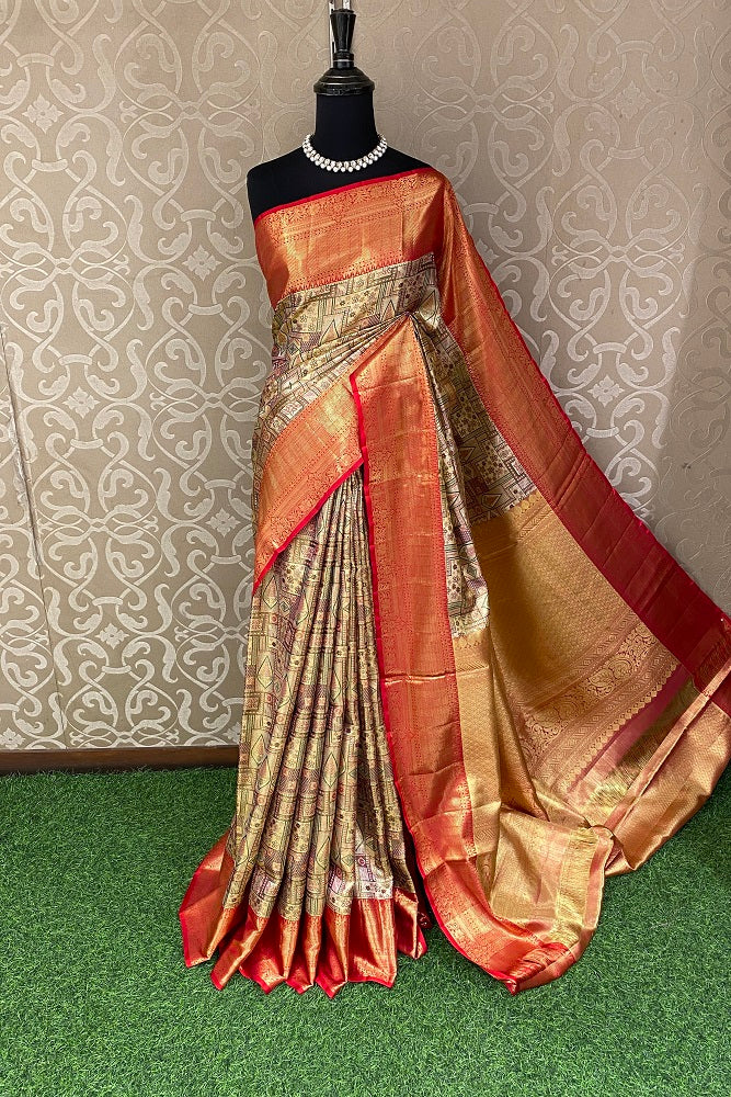 Multi & Gold Pure Silk Tissue Saree, With Blouse Piece