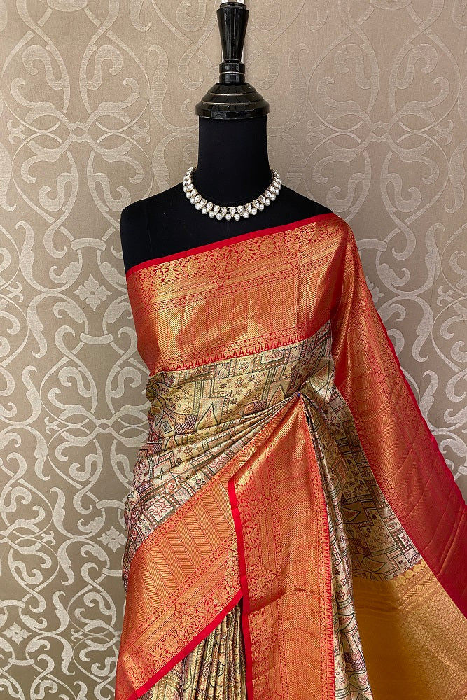 Multi & Gold Pure Silk Tissue Saree, With Blouse Piece