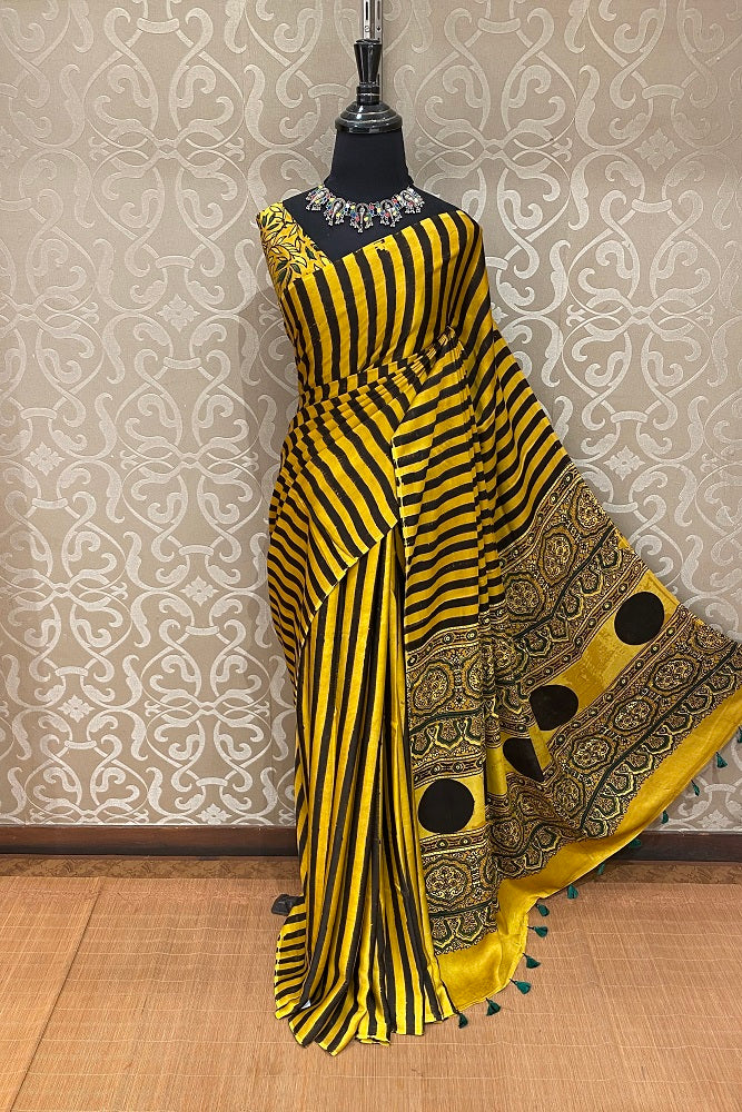 Yellow Pure Modal Silk Ajrakh Printed Saree With Blouse