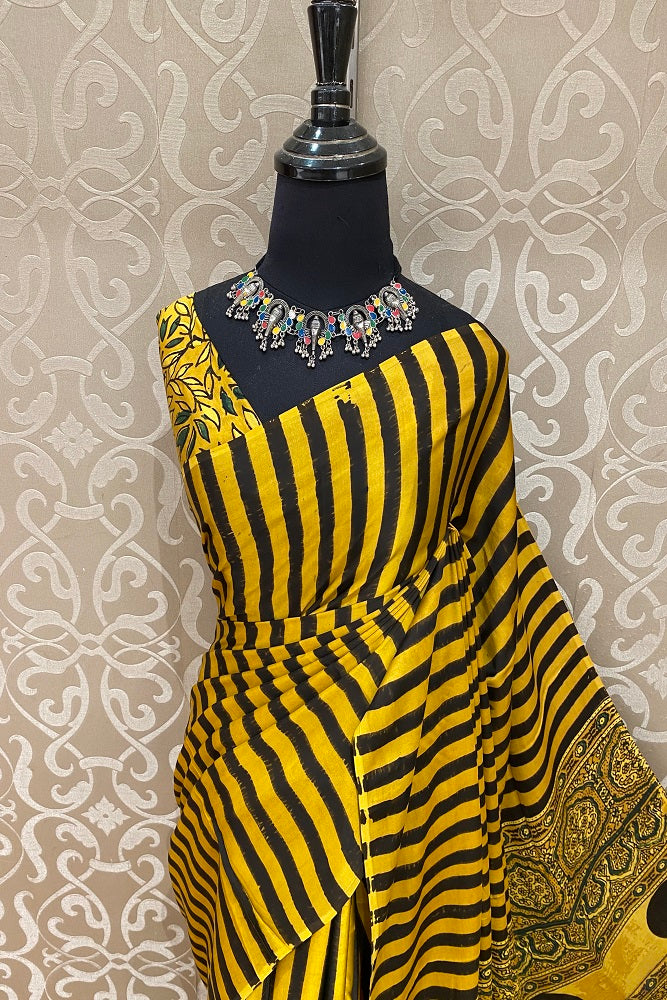 Yellow Pure Modal Silk Ajrakh Printed Saree With Blouse