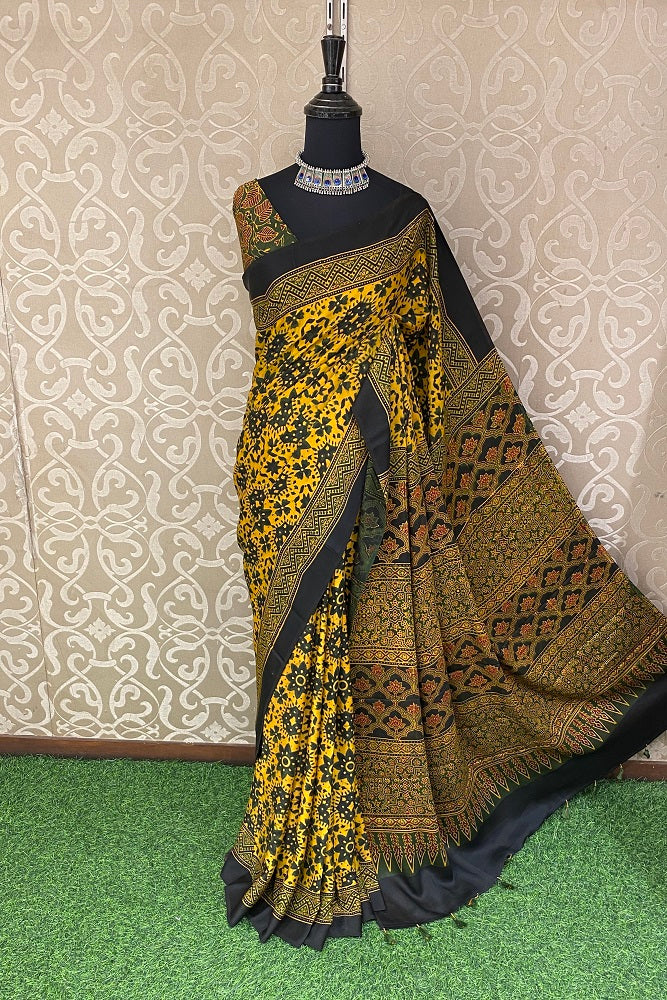 Yellow Pure Modal Silk Ajrakh Printed Saree With Blouse