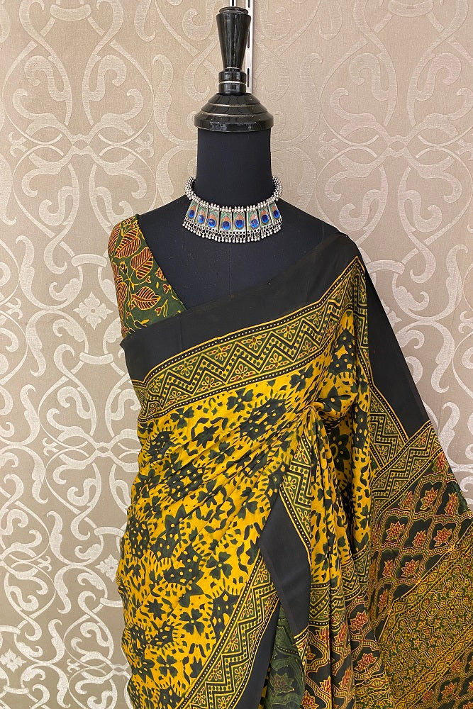 Yellow Pure Modal Silk Ajrakh Printed Saree With Blouse