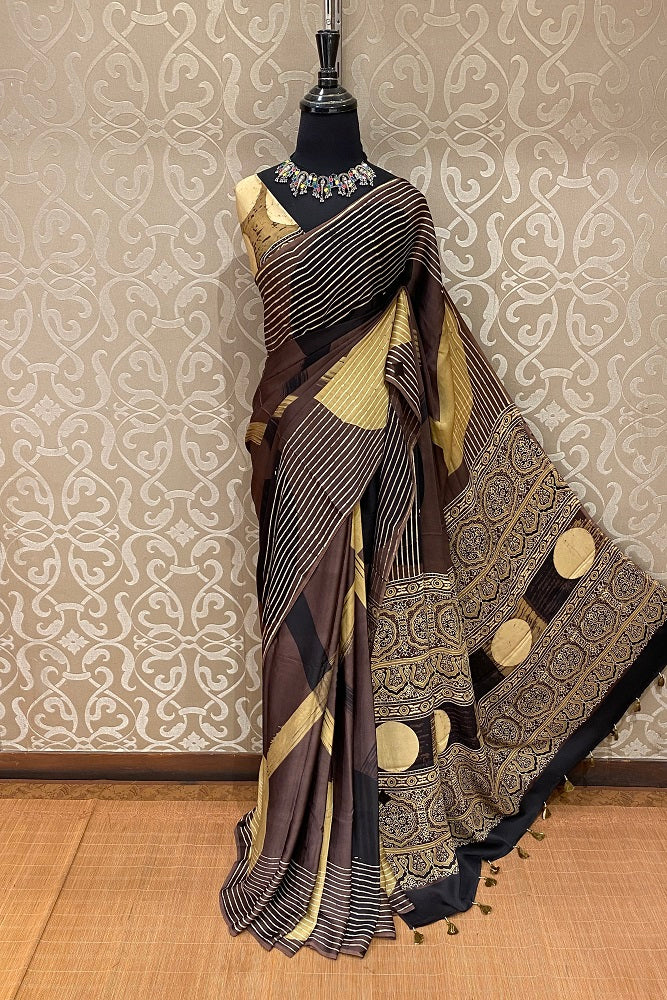Brown Pure Modal Silk Ajrakh Printed Saree With Blouse