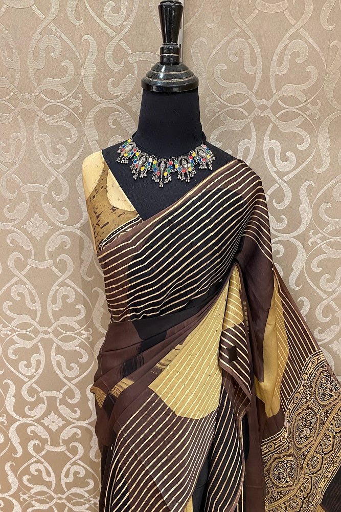 Brown Pure Modal Silk Ajrakh Printed Saree With Blouse