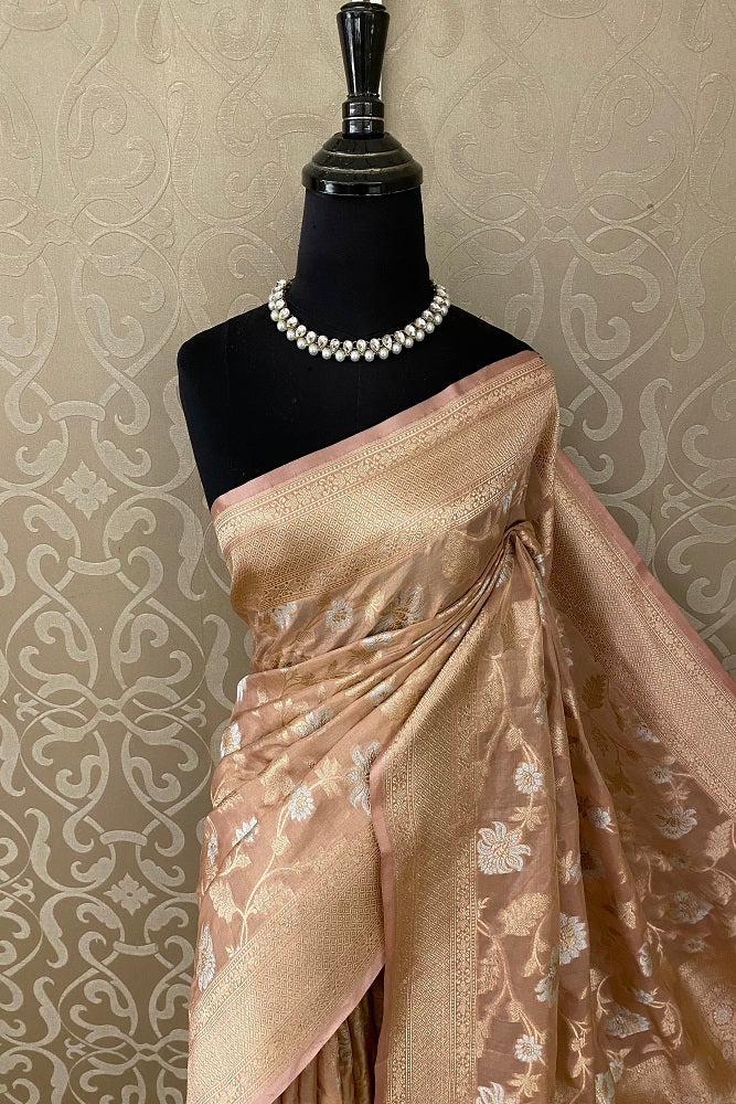 Peach Tissue Banarasi Silk Saree , With Blouse
