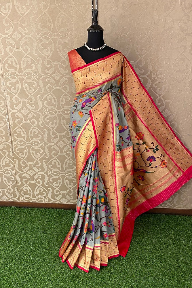 Grey Paithani Silk Saree, Multi Colour Weaving, With Blouse