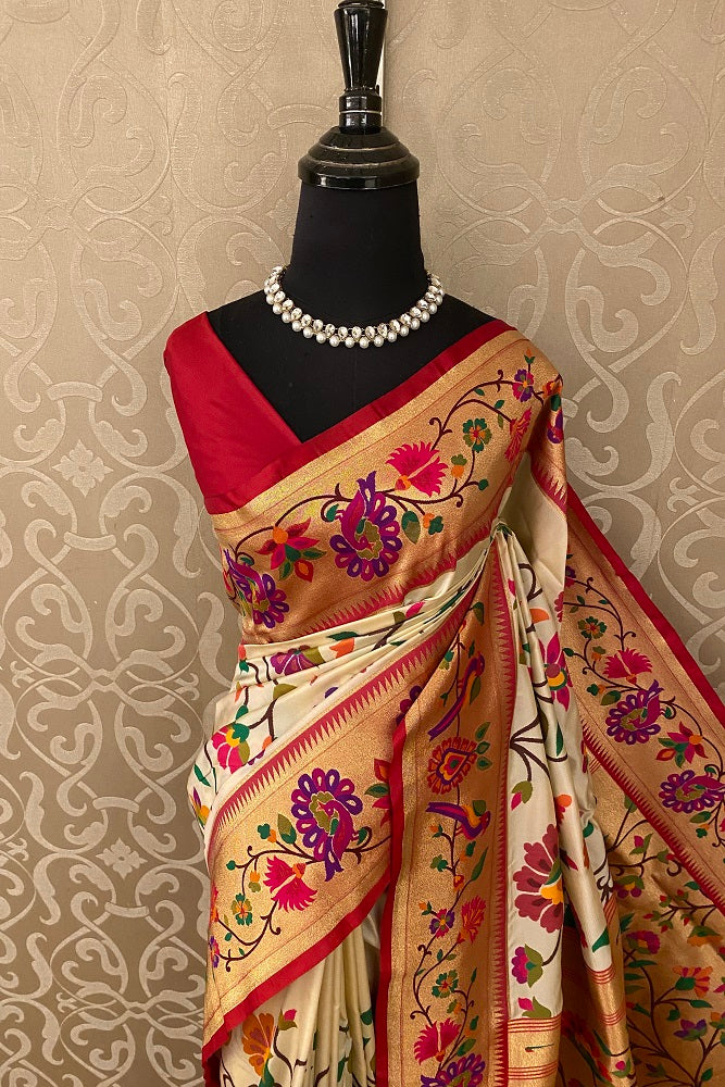 Offwhite Paithani Silk Saree, Multi Colour Weaving, With Blouse