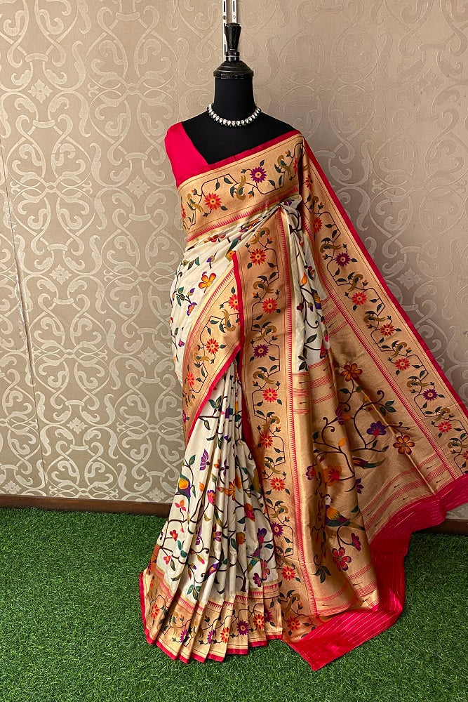 Offwhite Paithani Silk Saree, Multi Colour Weaving, With Blouse