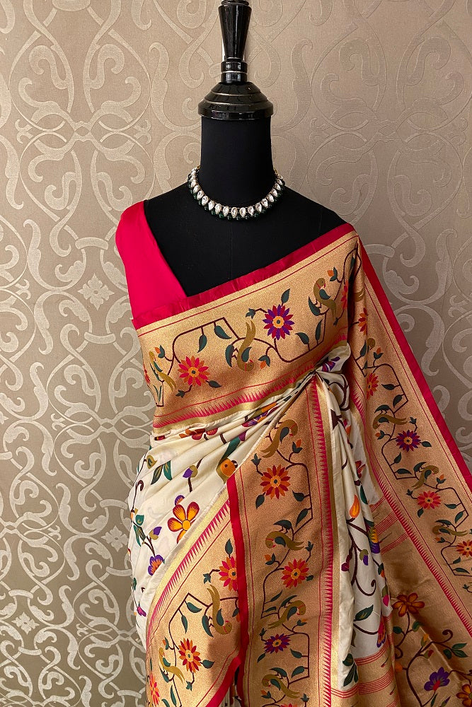 Offwhite Paithani Silk Saree, Multi Colour Weaving, With Blouse
