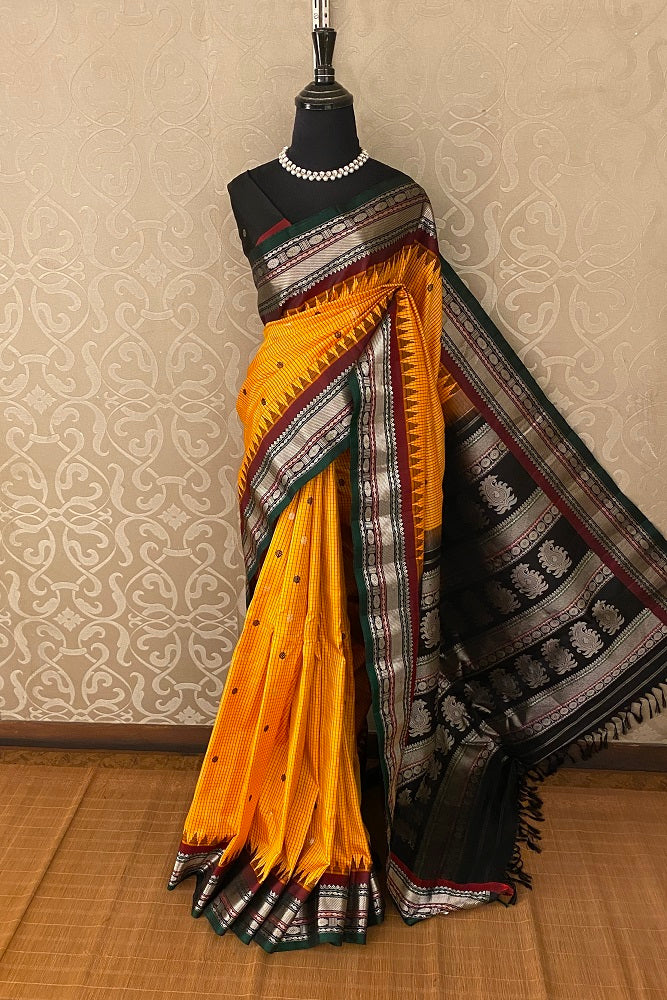 Orange & Black Gadwal Silk Saree With Contrast Blouse