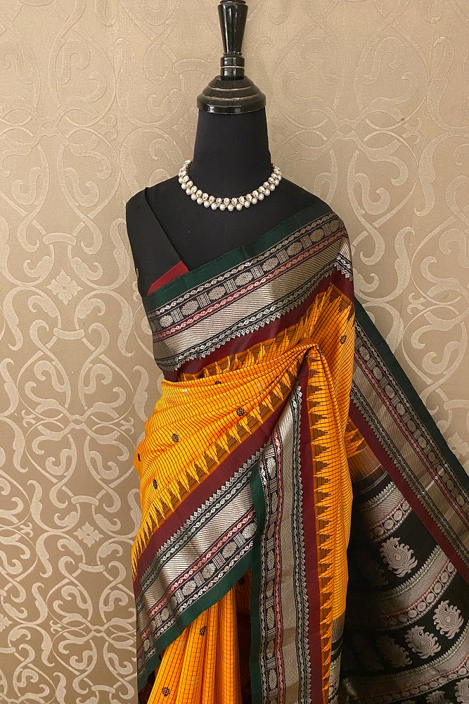 Orange & Black Gadwal Silk Saree With Contrast Blouse