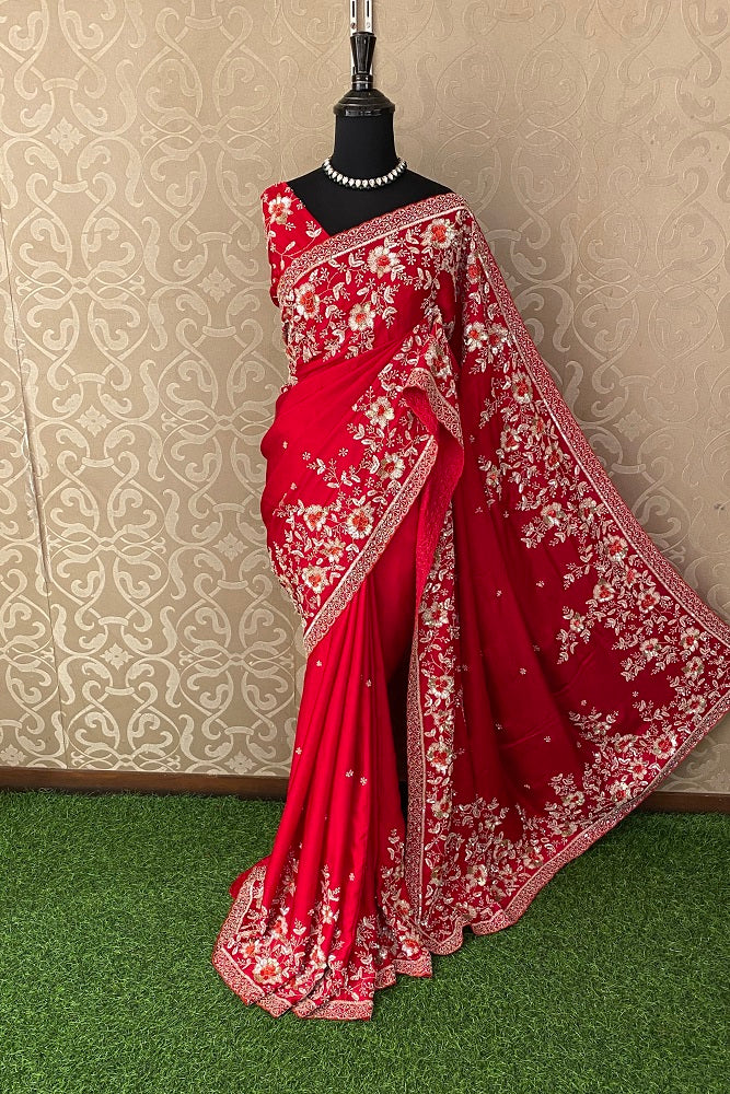 Red Satin Crepe Silk Hand Embroidery Party Wear Saree, With Blouse Piece