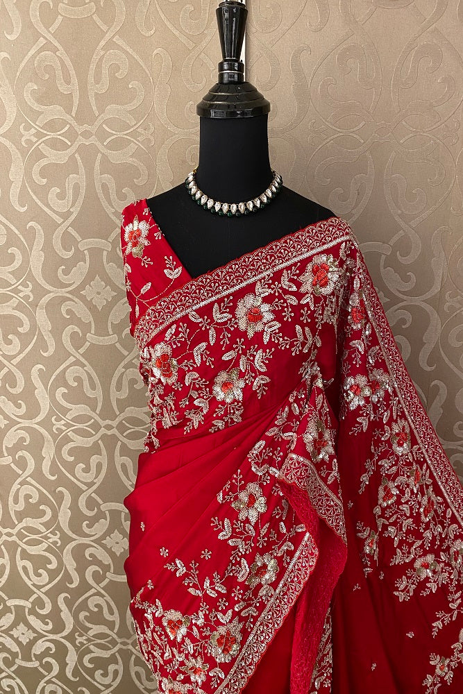 Red Satin Crepe Silk Hand Embroidery Party Wear Saree, With Blouse Piece