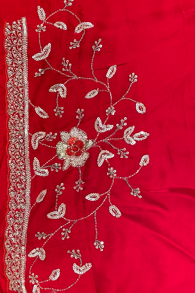 Red Satin Crepe Silk Hand Embroidery Party Wear Saree, With Blouse Piece