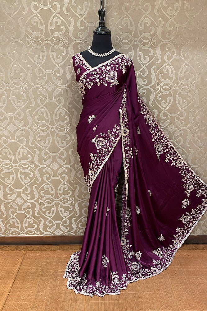 Wine Satin Crepe Silk Hand Embroidery Party Wear Saree, With Blouse Piece