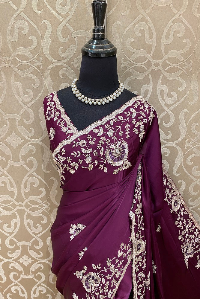 Wine Satin Crepe Silk Hand Embroidery Party Wear Saree, With Blouse Piece