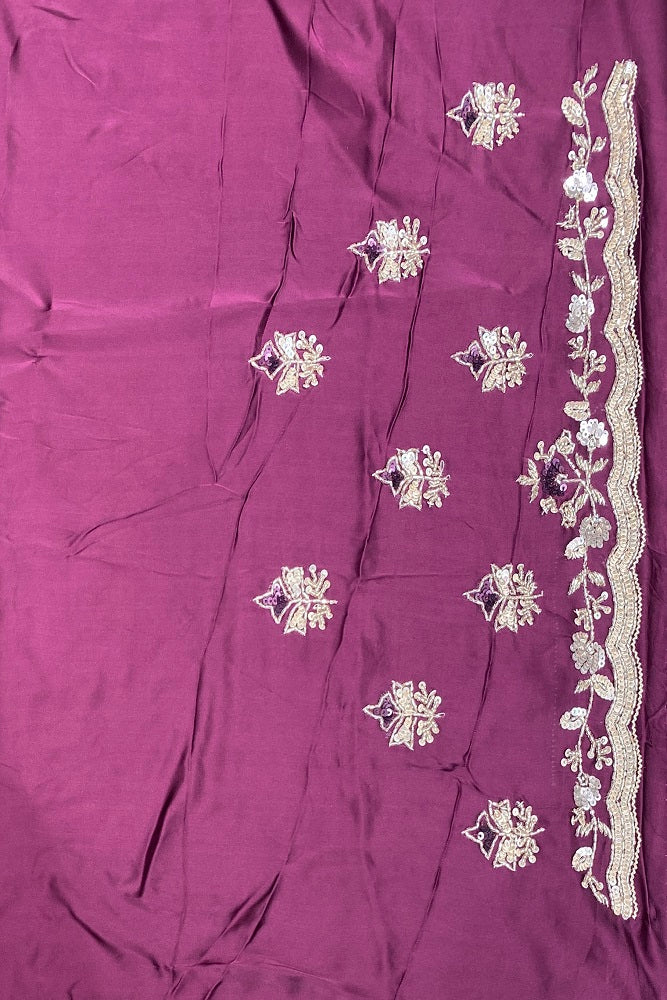 Wine Satin Crepe Silk Hand Embroidery Party Wear Saree, With Blouse Piece