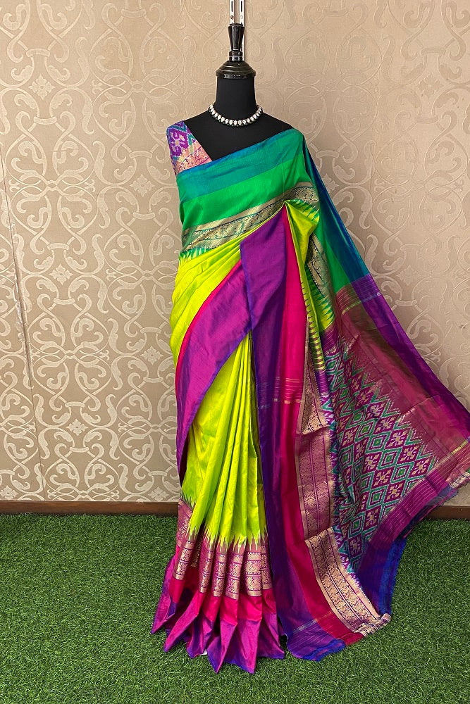 Multi Pochampally Ikat Silk Saree, Multi Colour Weaving With Blouse.