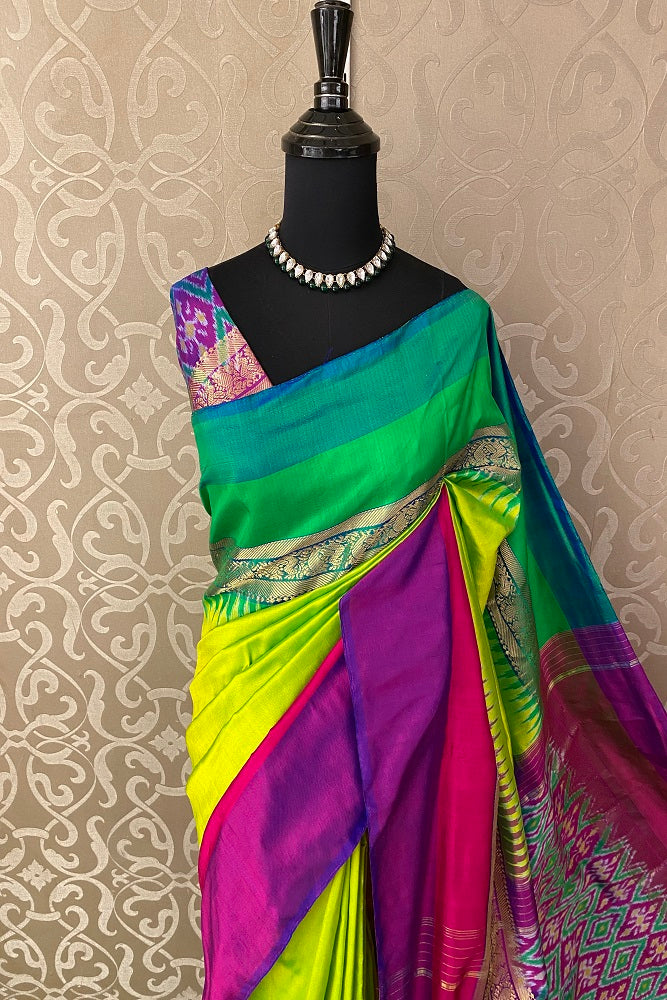 Multi Pochampally Ikat Silk Saree, Multi Colour Weaving With Blouse.