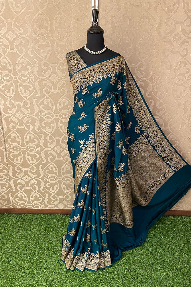 Teal Banarasi Crepe Khaddi Saree With Heavy Blouse