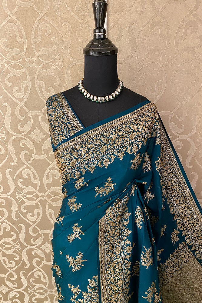 Teal Banarasi Crepe Khaddi Saree With Heavy Blouse