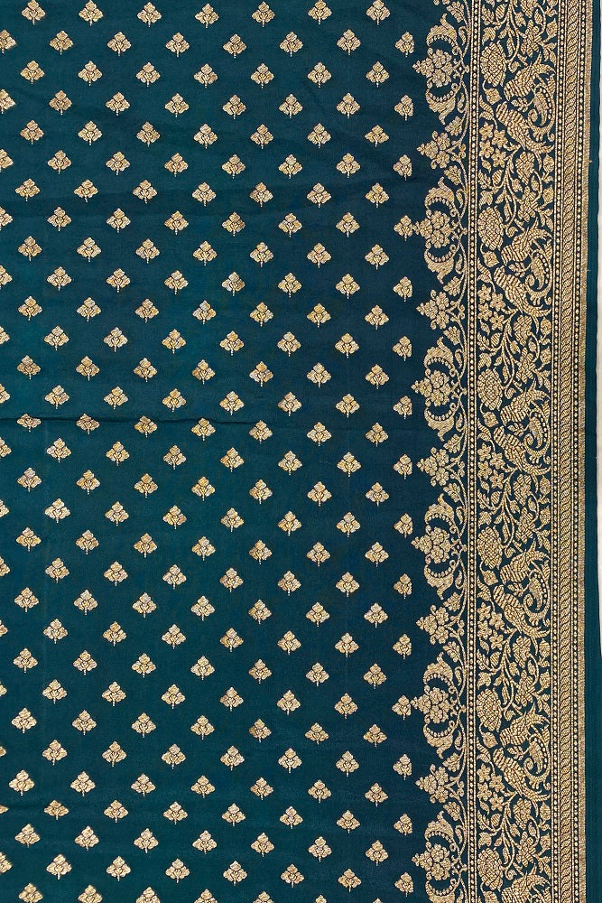 Teal Banarasi Crepe Khaddi Saree With Heavy Blouse