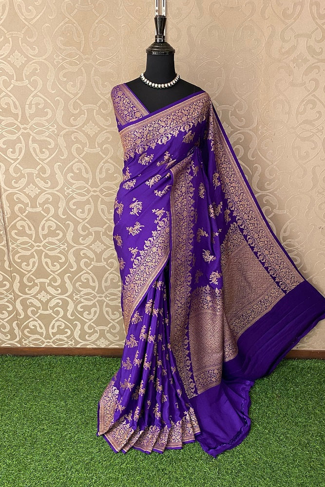 Purple Banarasi Crepe Khaddi Saree With Heavy Blouse