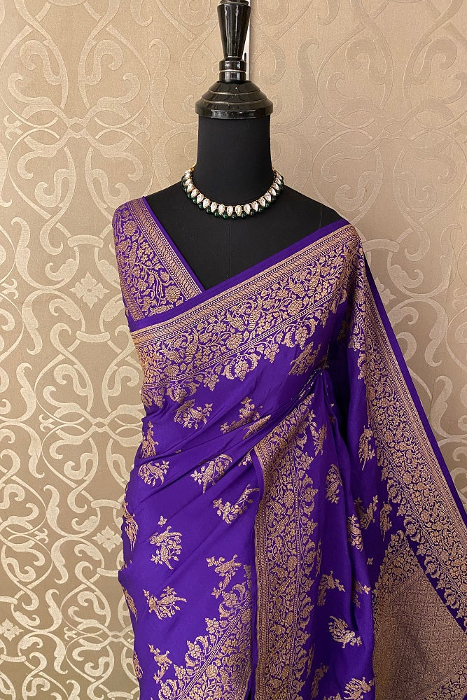 Purple Banarasi Crepe Khaddi Saree With Heavy Blouse
