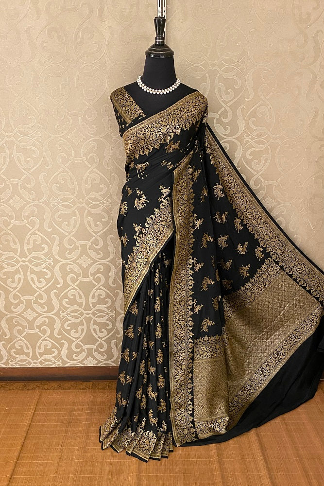 Black Banarasi Crepe Khaddi Saree With Heavy Blouse