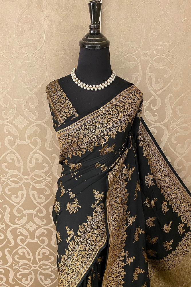 Black Banarasi Crepe Khaddi Saree With Heavy Blouse