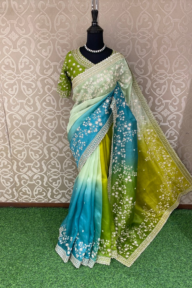 Multi Organza Silk Hand Embroidery Party Wear Saree, With Readymade Blouse.
