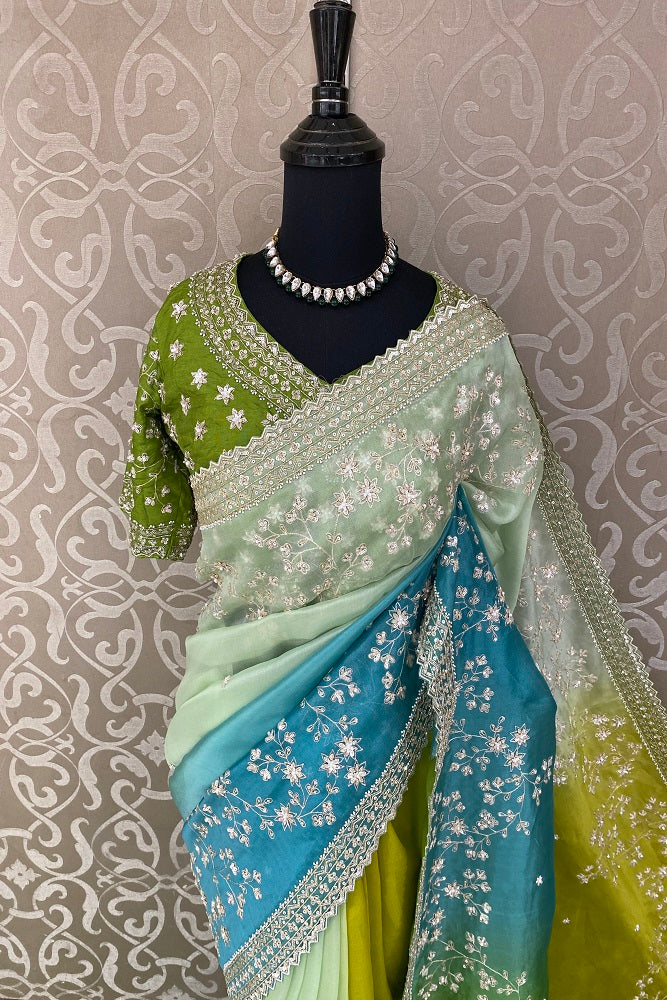 Multi Organza Silk Hand Embroidery Party Wear Saree, With Readymade Blouse.