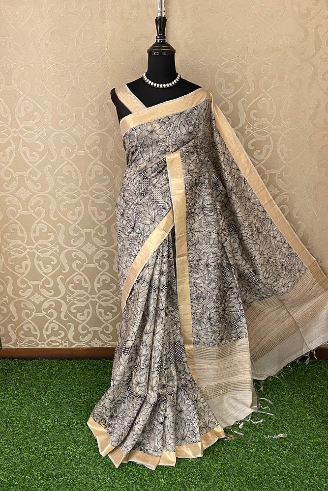 Offwhite Black Munga Silk Printed Saree Zari Border With Blouse
