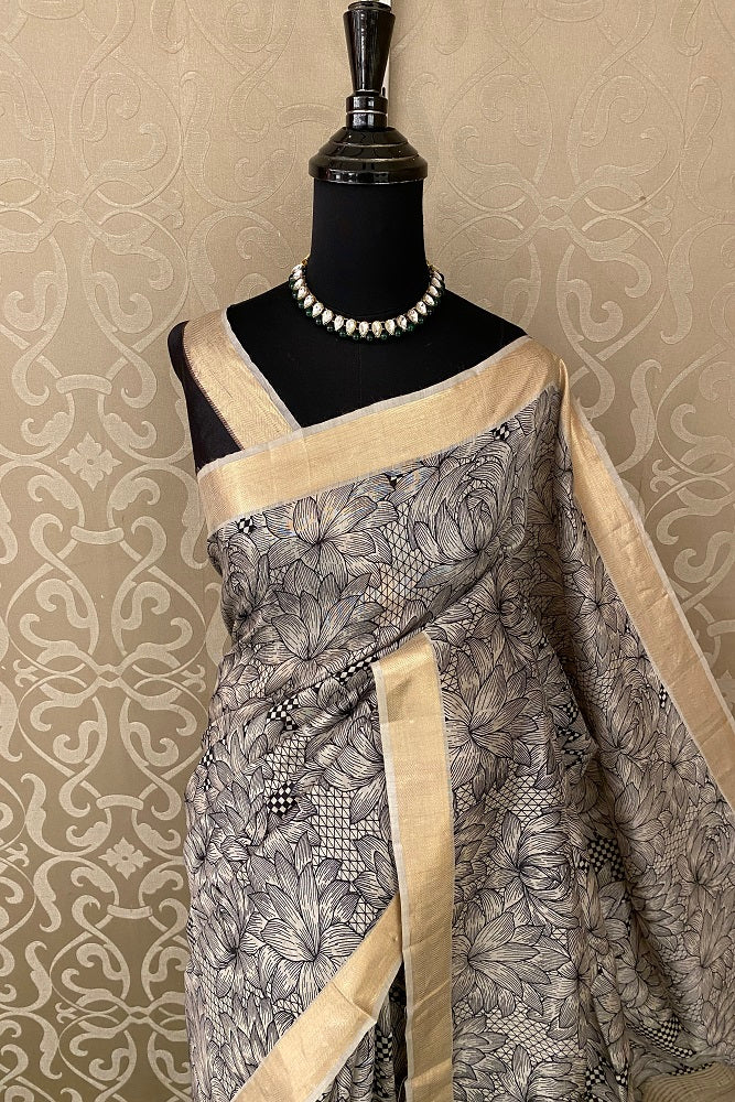 Offwhite Black Munga Silk Printed Saree Zari Border With Blouse