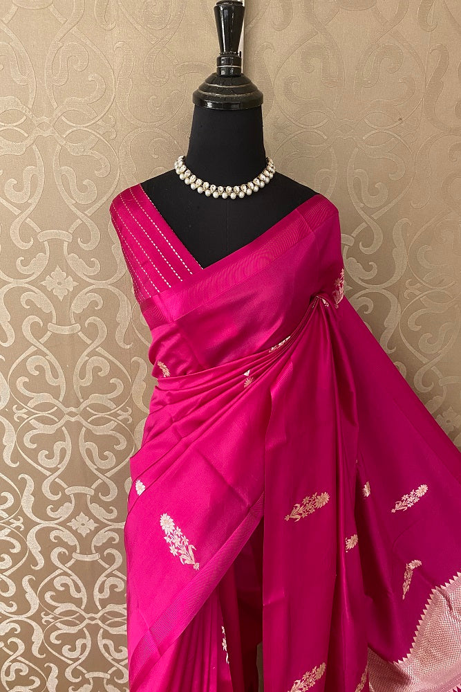 Rani Pink Poona Silk Saree Golden Zari Woven Buttas,With Blouse