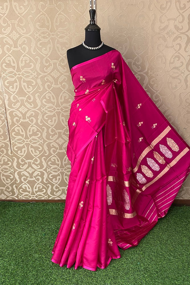 Rani Pink Poona Silk Saree Golden Zari Woven Buttas,With Blouse