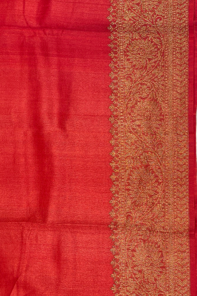 Offwhite Red Pure Tussar Banarasi Silk Saree, Hand Woven Motifs With Blouse
