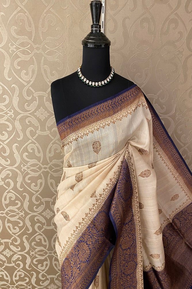 Offwhite Purple Pure Tussar Banarasi Silk Saree, Hand Woven Motifs With Blouse