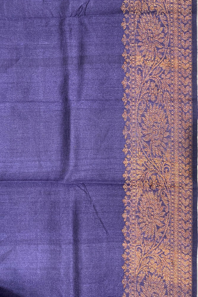 Offwhite Purple Pure Tussar Banarasi Silk Saree, Hand Woven Motifs With Blouse