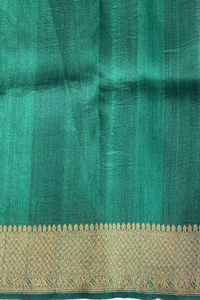 Offwhite Green Pure Tussar Banarasi Silk Saree, Hand Woven Motifs With Blouse