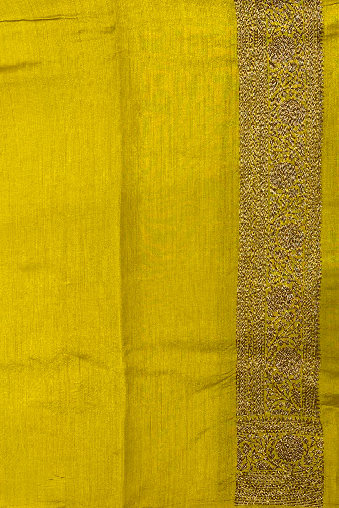 Lime Green Pure Munga Banarasi Silk Saree, Hand Woven Motifs With Blouse