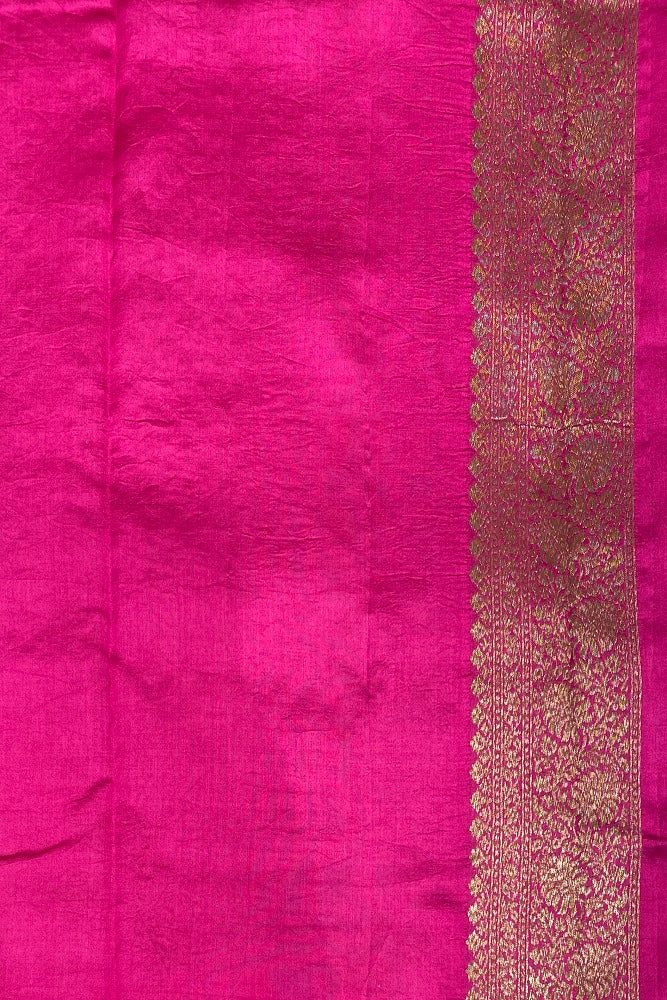 Yellow Pink Pure Munga Banarasi Silk Saree, Hand Woven Motifs With Blouse