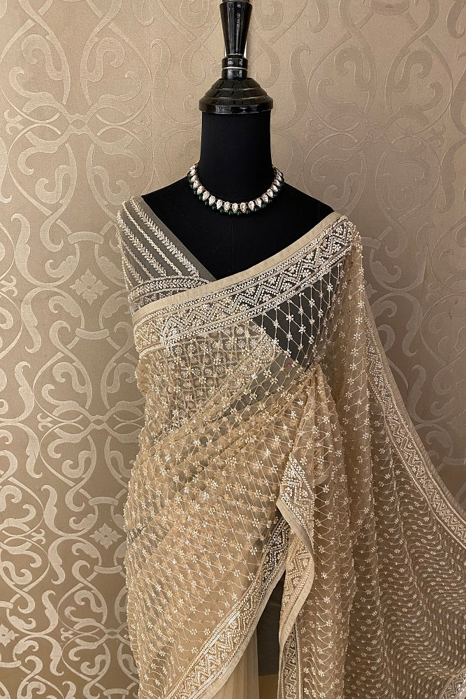Beige Gold Party Wear Net Embroidered Saree, With Blouse Piece