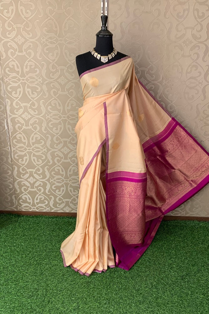 Cream Kanjeevaram Silk Saree With Blouse